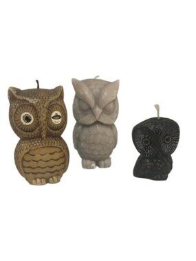Vintage Owl Shaped Candle Set Brown Cream Black Boho Fairycore Cottagecore